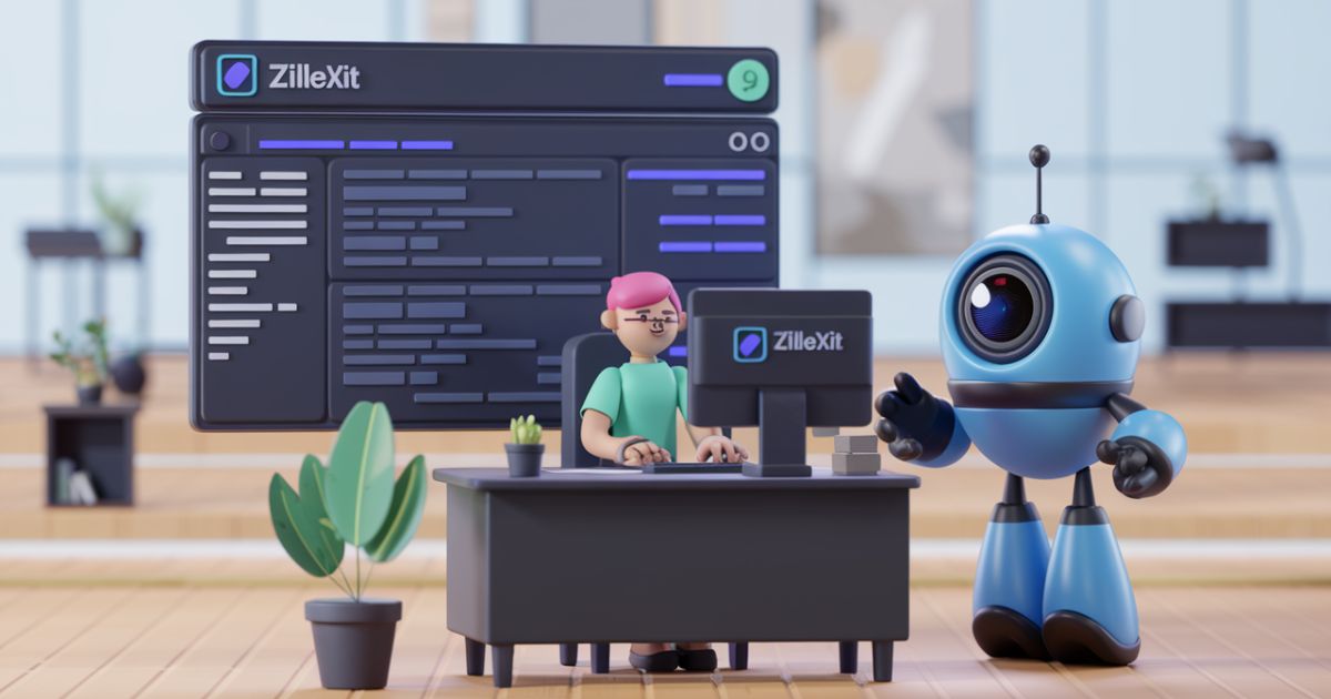 A 3D render of a software testing scene. There is a computer monitor displaying the Zillexit software. A tester with a pink hair and wearing a green shirt is sitting at a desk, working on the software. A blue robot with a camera is standing beside the tester. There is a plant in a pot on the desk. The background is a minimalistic office space with wooden floors and a few pieces of furniture.